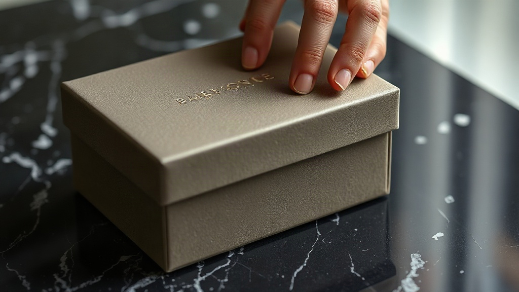 close-up of a closed luxury perfume gift box on a dark marble surface, embossed packaging texture, soft studio lighting,