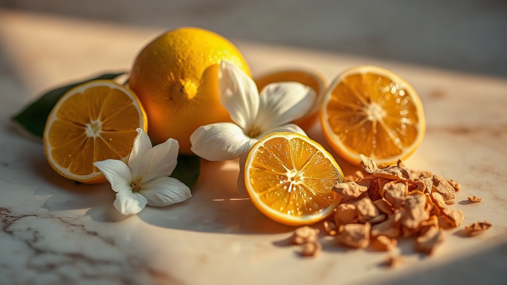 close-up editorial still life of luxury perfumery raw materials - bergamot citrus fruits, fresh jasmine flowers, oud woo