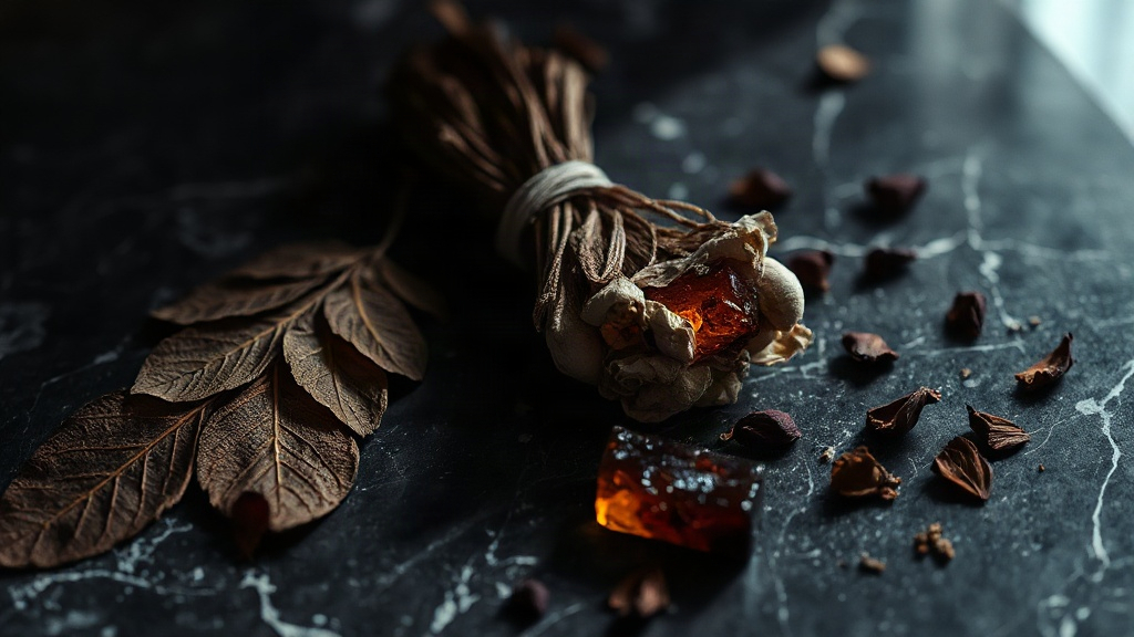 Moody editorial still life on a dark marble surface featuring dried patchouli leaves, bundled vetiver roots, a small chu