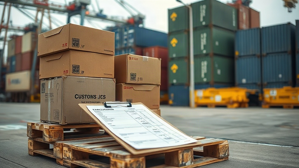 Cardboard shipping boxes stacked on a wooden pallet beside stacked shipping containers at a port terminal, customs paper