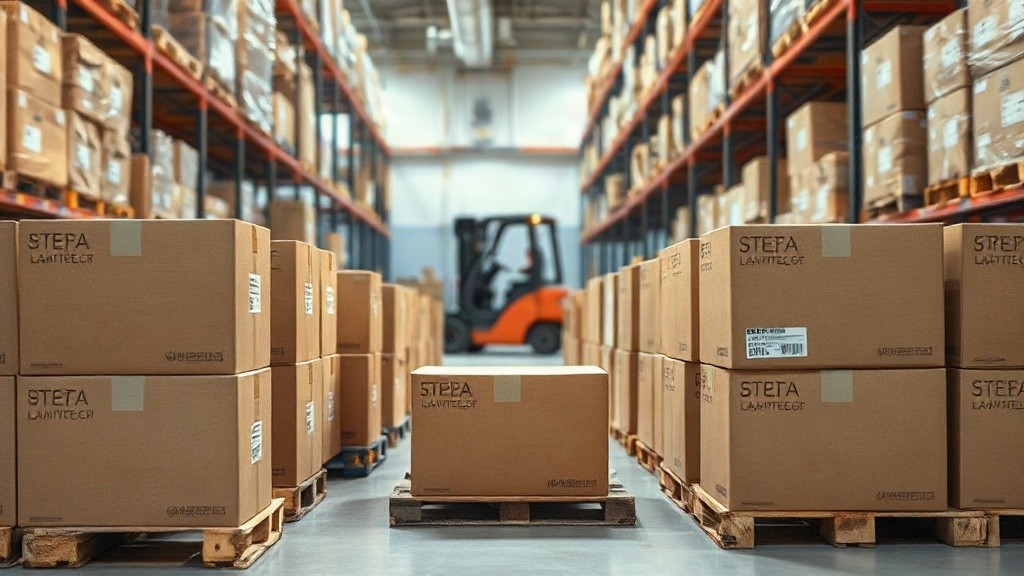 rows of sealed brown cardboard shipping cartons stacked on wooden pallets inside a bright organized logistics warehouse,