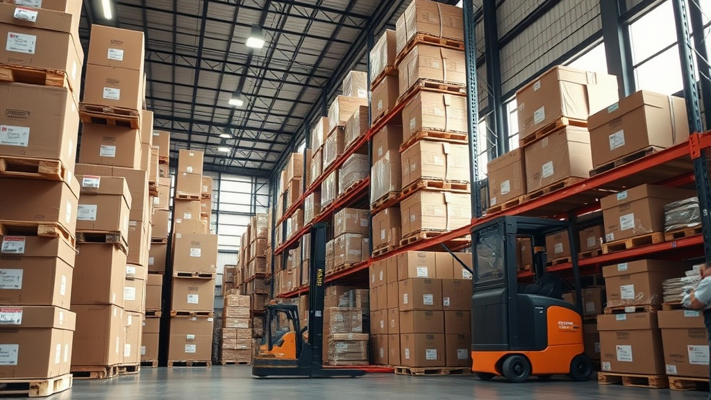 interior of a modern cosmetics and fragrance distribution warehouse, stacked cardboard shipping boxes, wooden pallets, a