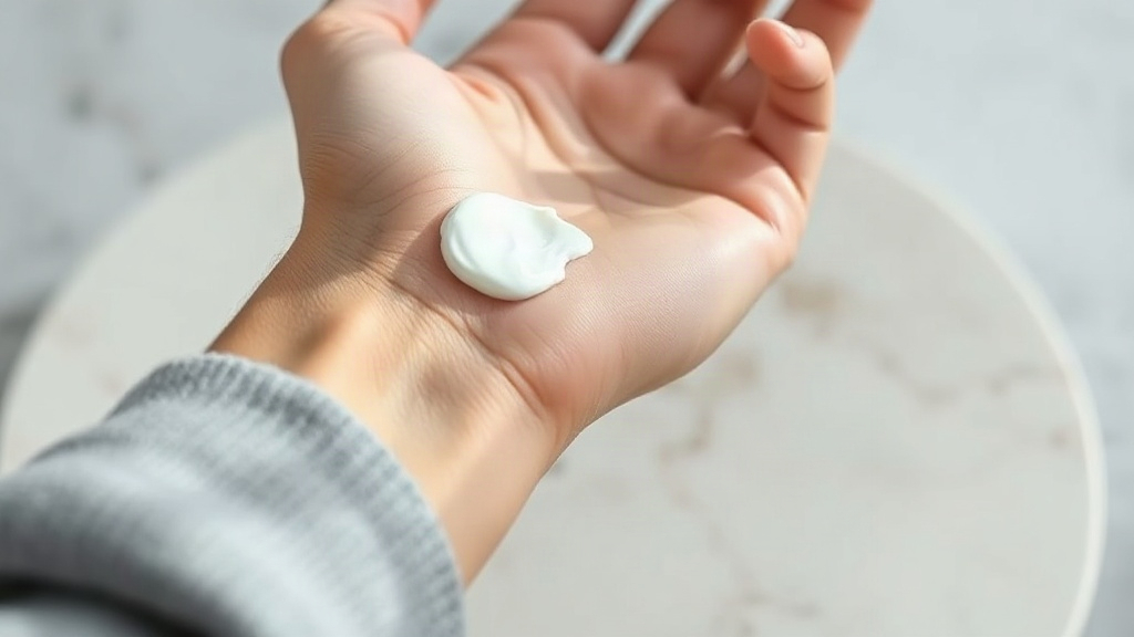 close-up of a hand and wrist with a dab of cosmetic cream texture being applied, soft morning light, neutral marble surf