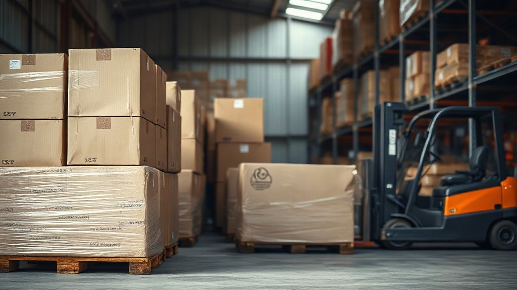 warehouse interior with stacked cardboard shipping boxes and wrapped pallets, a forklift pallet jack nearby, industrial 