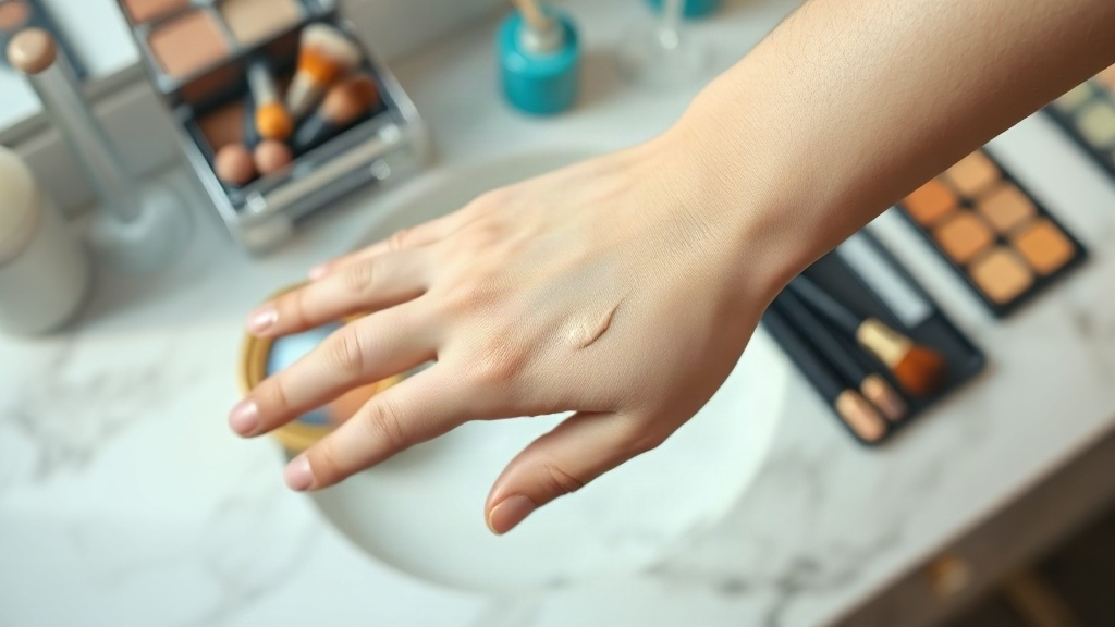 Close-up photograph of a hand with a soft color-correcting cream swatch blended on the inner wrist, makeup brushes and a