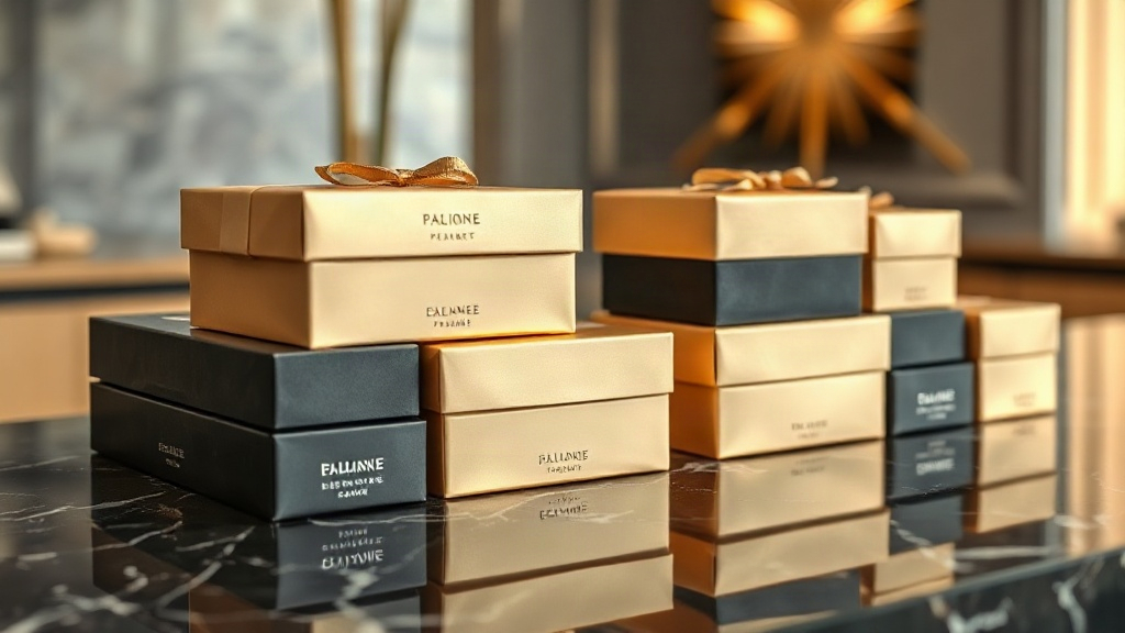Professional product photography of elegant closed perfume gift boxes stacked neatly on a reflective dark marble counter