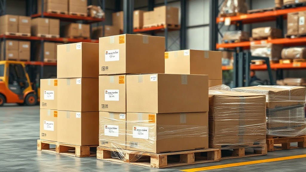 export warehouse scene, sealed cardboard shipping boxes stacked on wooden pallets, shrink-wrapped pallets, warehouse she