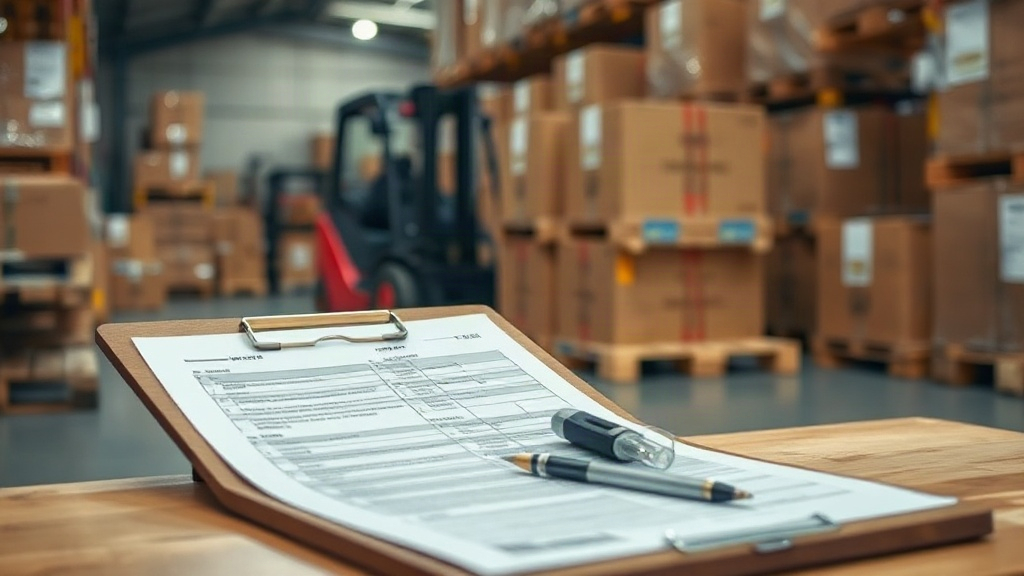 warehouse logistics scene with wooden pallets stacked with sealed cardboard shipping boxes, a forklift in the background