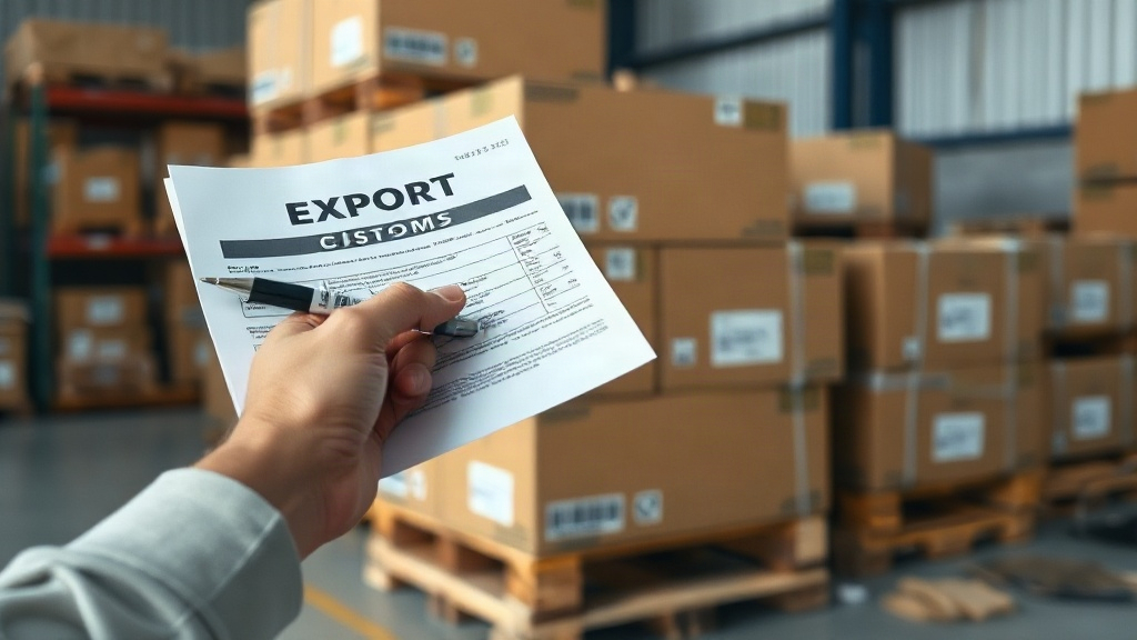 close-up of a hand holding an export customs document and pen near sealed cardboard shipping cartons stacked on a wooden