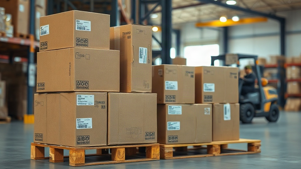 warehouse interior with stacked sealed cardboard shipping boxes on wooden pallets, shipping labels and packing tape visi