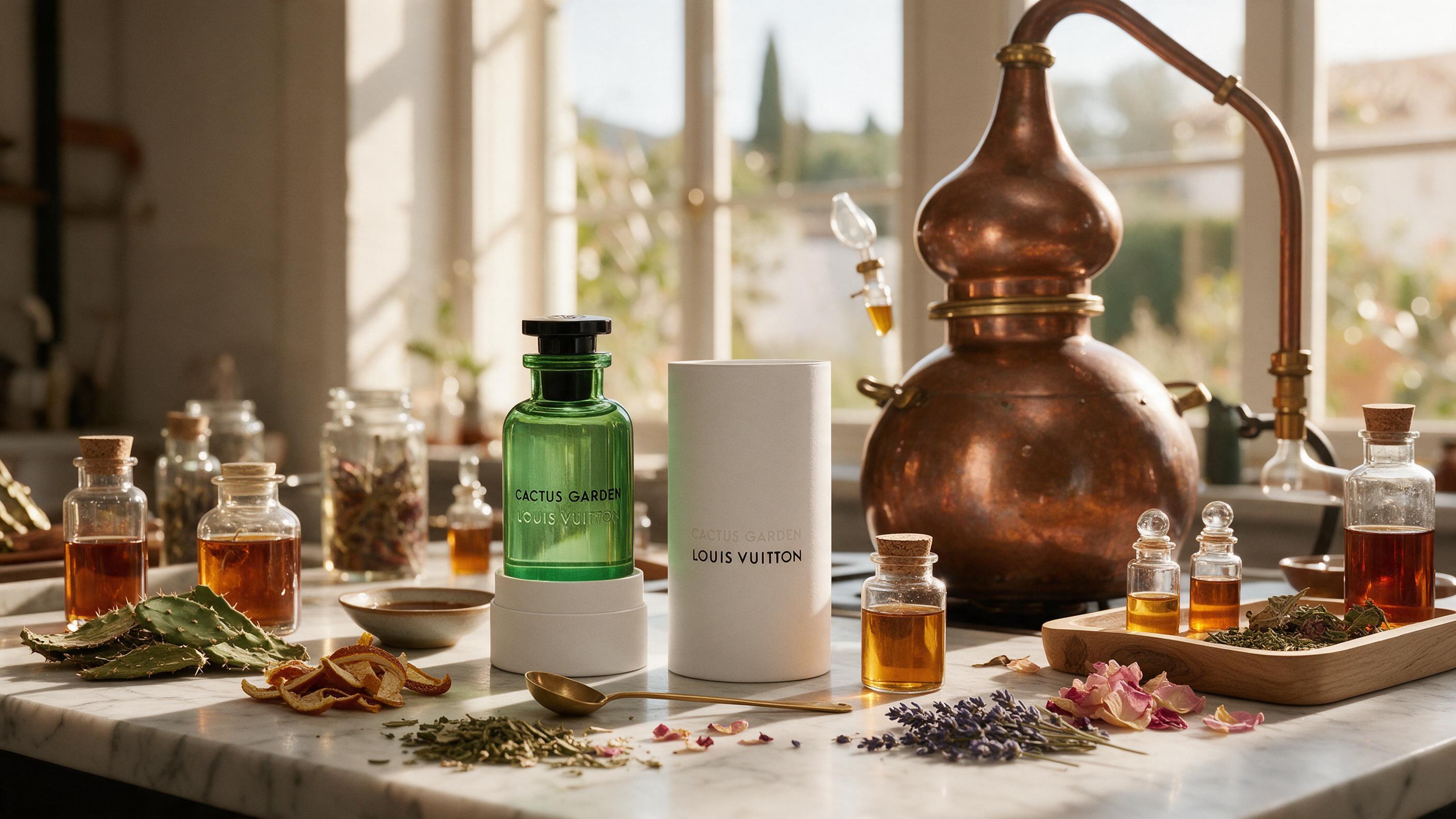 artisan perfumer's copper alembic distillation still with glass vials of amber liquid, dried botanicals and marble 