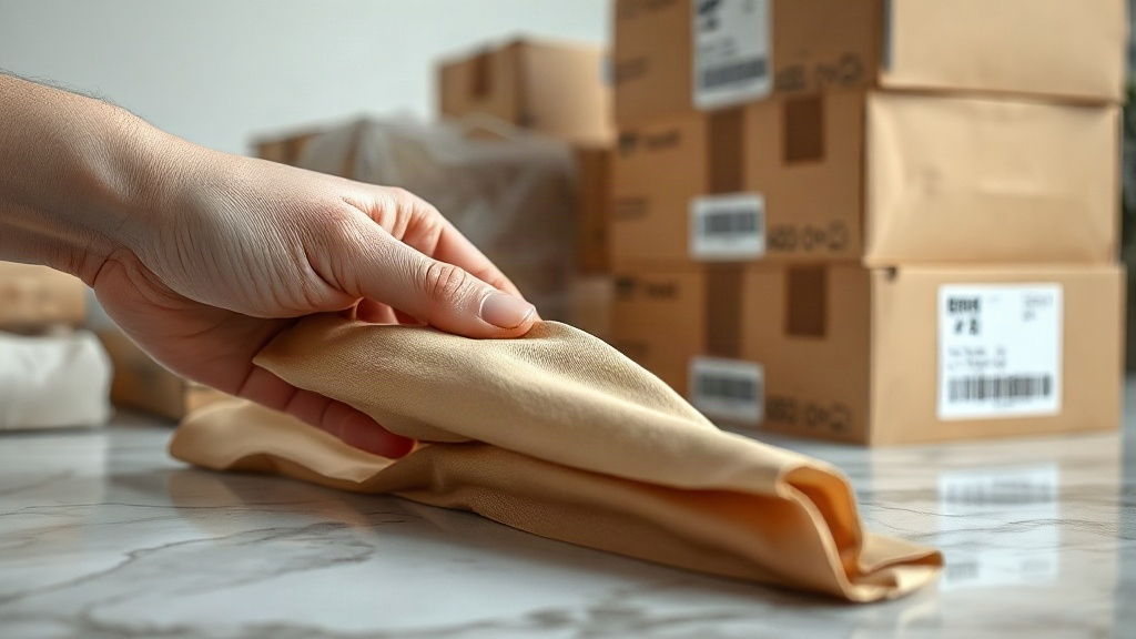 close-up of a hand carefully inspecting a folded silk fabric swatch resting on a marble surface next to a stack of seale