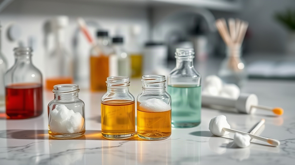 close-up of a dermatological laboratory bench with small glass jars of botanical extracts, salicylic acid crystals, pipe