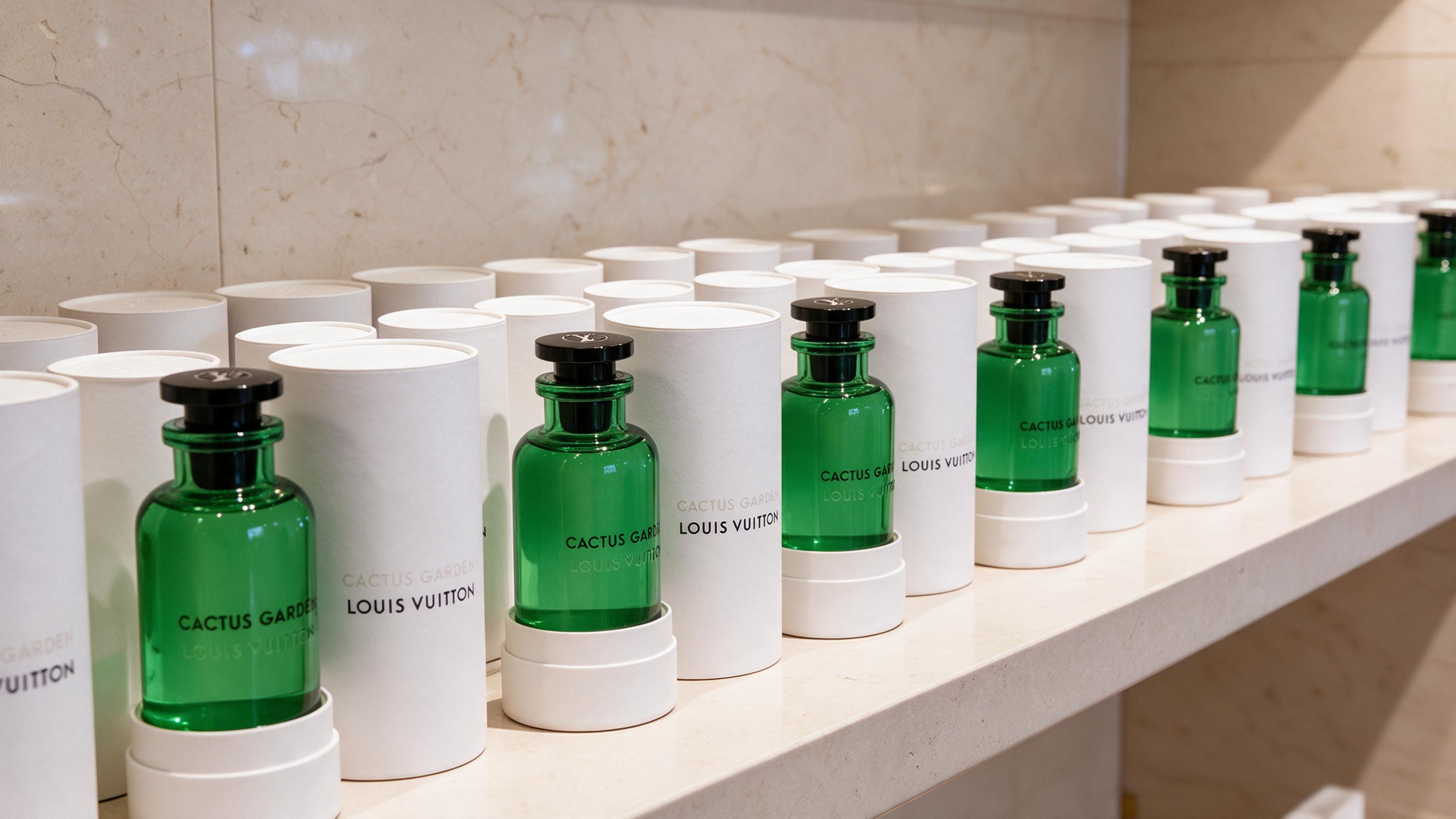 Professional wholesale display of Louis Vuitton Pacific Chill perfume bottles arranged on a clean retail shelf, luxury b