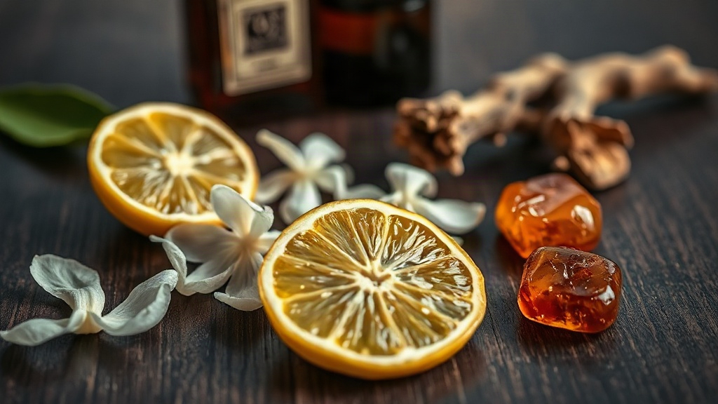 Close-up still life of raw perfumery ingredients on a dark wooden table featuring fresh bergamot slices, jasmine blossom