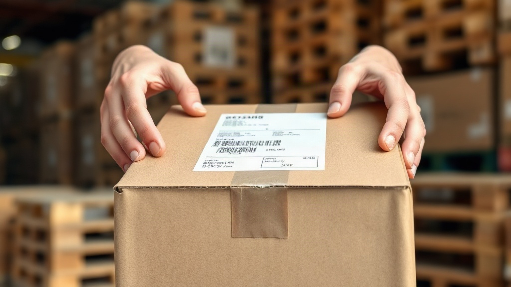 close-up of hands carefully inspecting a sealed cardboard shipping box with an attached shipping label and paperwork, wo