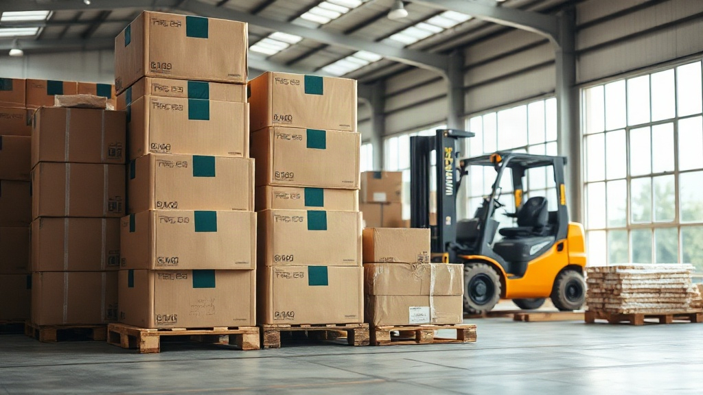 Warehouse interior with stacked cardboard shipping boxes and wooden pallets, forklift in the background, professional lo
