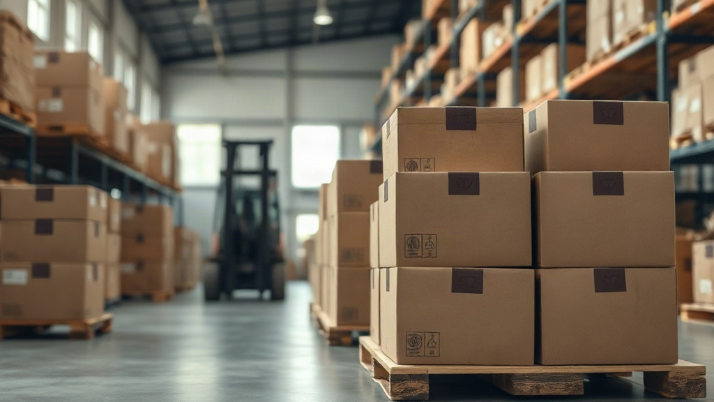 warehouse interior with wooden pallets stacked with sealed brown cardboard shipping boxes, industrial metal shelving in 