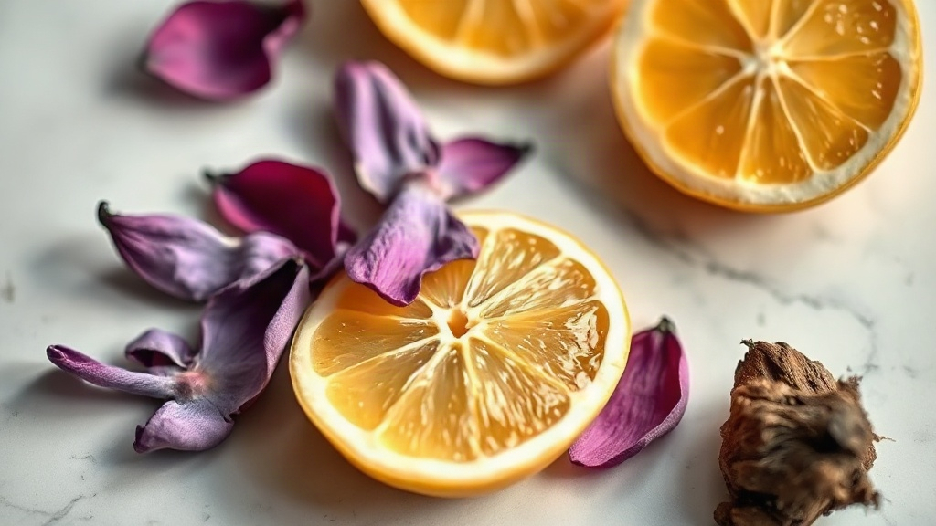 Close-up still life of raw perfumery ingredients on a marble surface, fresh bergamot citrus halves, purple jasmine petal