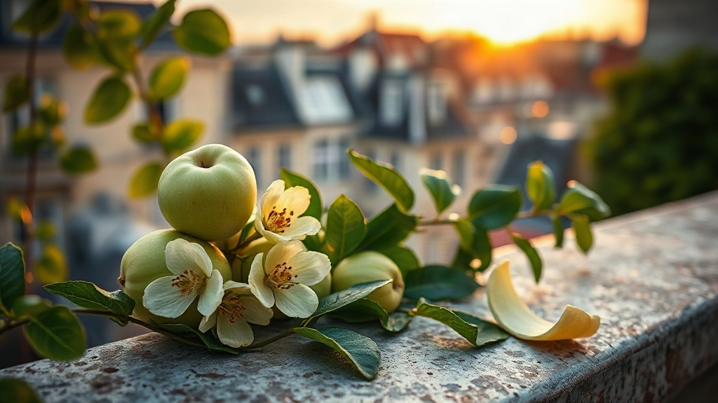 close-up of fresh green apple blossoms, trailing ivy leaves, and curled bergamot peel arranged on a weathered zinc rooft