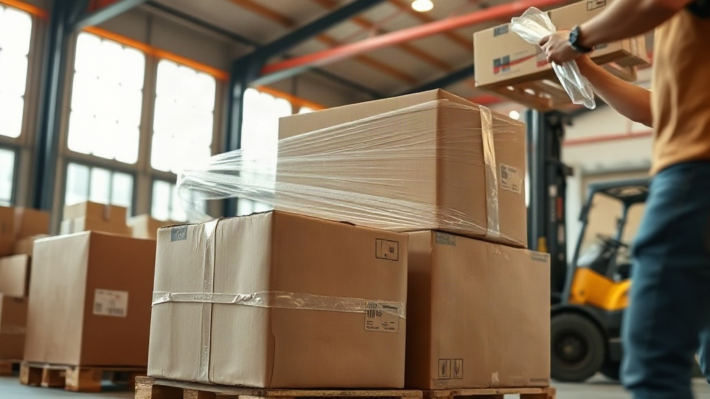 Warehouse interior with stacked cardboard shipping boxes on wooden pallets, a worker's hands wrapping a pallet in s