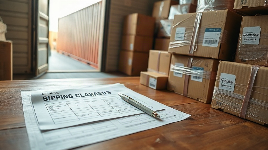 customs clearance paperwork and shipping manifests spread on a wooden desk beside stacked export cardboard cartons wrapp