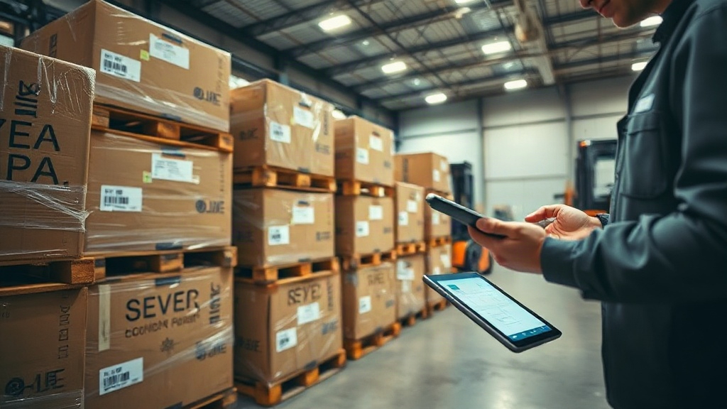 Documentary style wide-angle photograph inside a logistics warehouse, wooden pallets stacked with sealed cardboard shipp