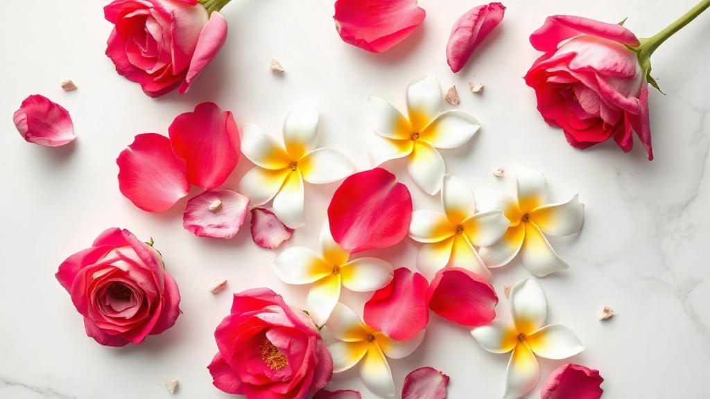 overhead photo of fresh rose petals, carnation flowers and ylang-ylang blossoms arranged on a white marble surface, soft
