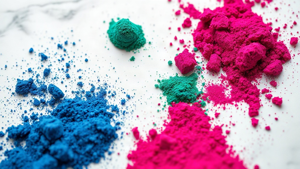 close-up of vibrant 1980s-style eyeshadow pigments and loose powder in electric blue, fuchsia, emerald green and violet,
