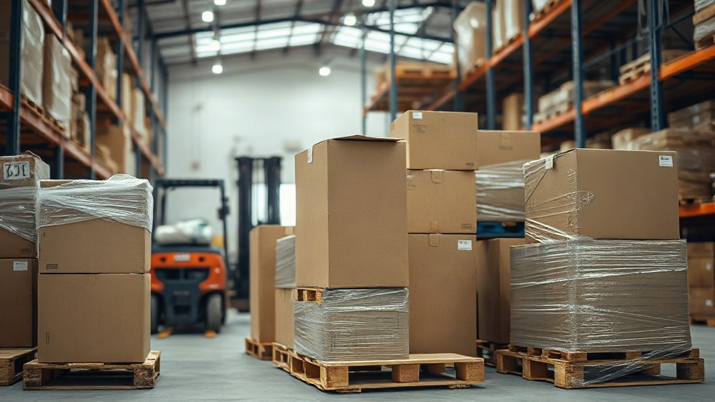 Warehouse interior with stacked cardboard shipping boxes and wooden pallets wrapped in plastic film, ready for export, f