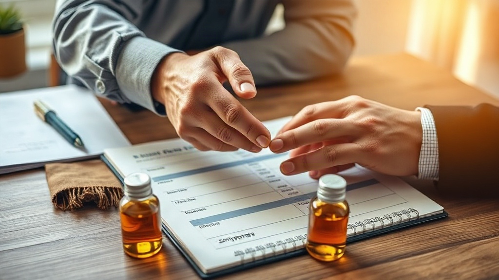 close-up of two business hands shaking over a wooden desk with an open shipping ledger, a fabric swatch and small glass 