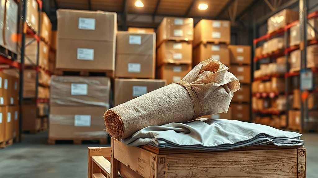 Warehouse interior with wooden pallets stacked with sealed cardboard shipping boxes, a wrapped bundle of pale sandalwood