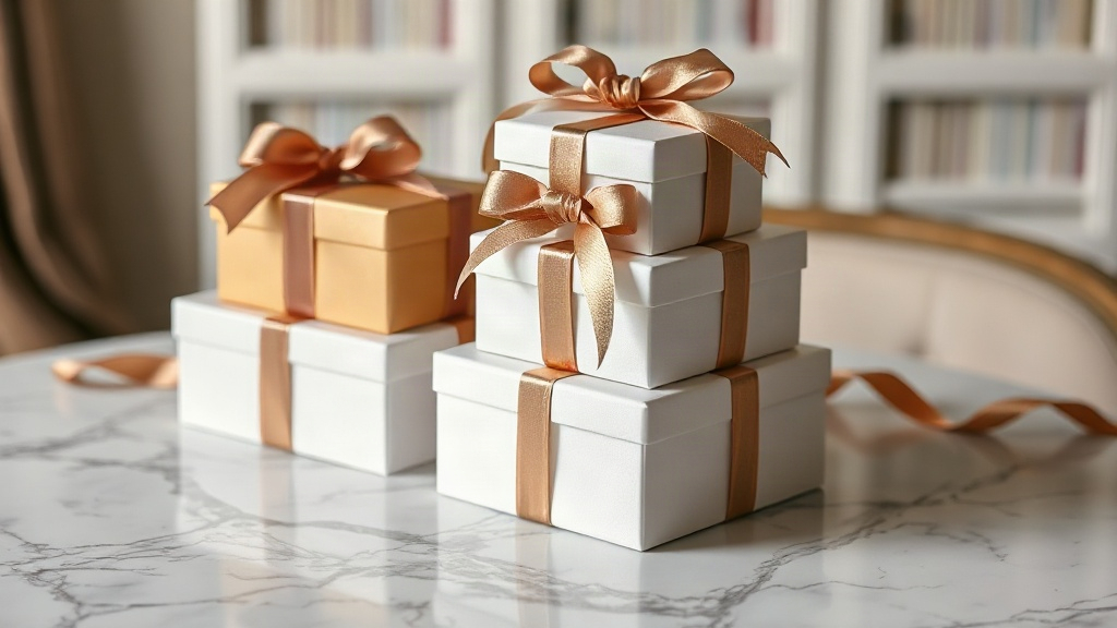 Elegant stack of luxury perfume gift boxes wrapped with satin ribbon arranged on a marble table, soft studio lighting, r