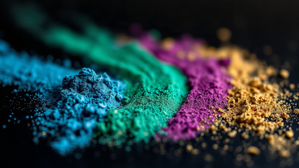 close-up macro photography of vibrant iridescent eyeshadow powder pigments in electric blue, emerald green, fuchsia and 