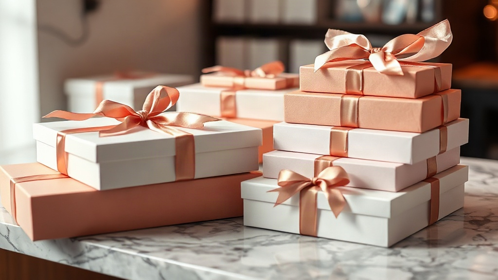 elegant sealed perfume gift boxes wrapped with satin ribbon and tissue paper, stacked on a polished marble counter, luxu