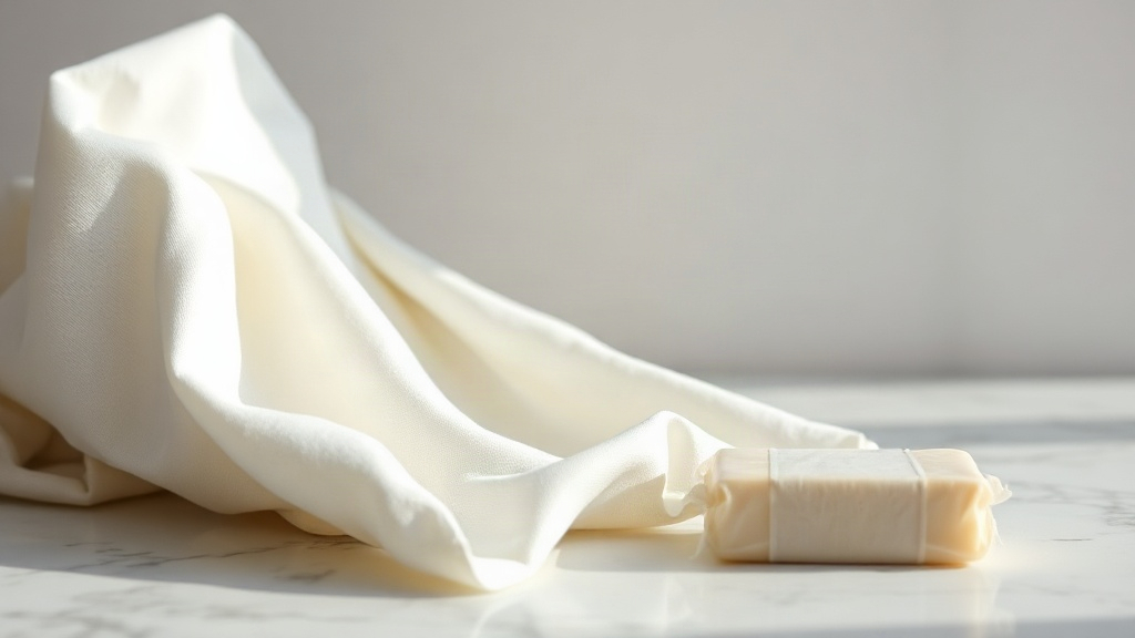 elegant folded white fabric and a small stack of wrapped soap bars on a marble counter, soft natural daylight, minimalis