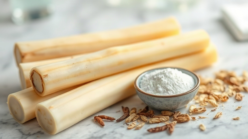 Macro photograph of raw cosmetic ingredients for glycolic acid skincare: fresh sugarcane stalks, white crystalline powde
