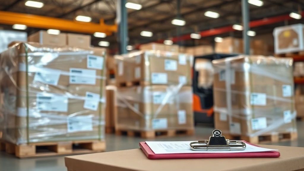 Warehouse logistics scene with neatly wrapped pallets of cosmetic shipping boxes, a forklift in the background, customs 