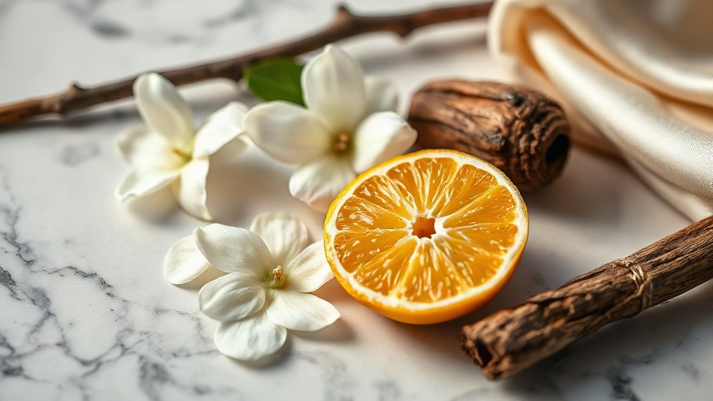 close-up of raw perfumery materials arranged on a marble surface, bergamot citrus fruit cut in half, fresh jasmine flowe