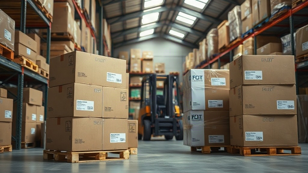 warehouse interior with stacked cardboard shipping boxes and wooden pallets loaded with sealed cosmetics cartons, forkli