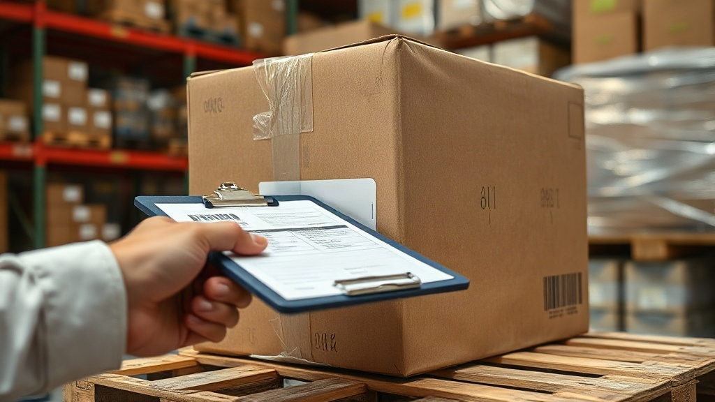 close-up of a hand in a warehouse inspecting a sealed shipping carton with a barcode label, clipboard with export paperw