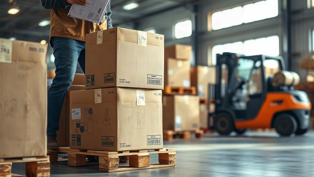 warehouse interior with stacked cardboard shipping boxes on wooden pallets, a worker's hand checking a delivery man
