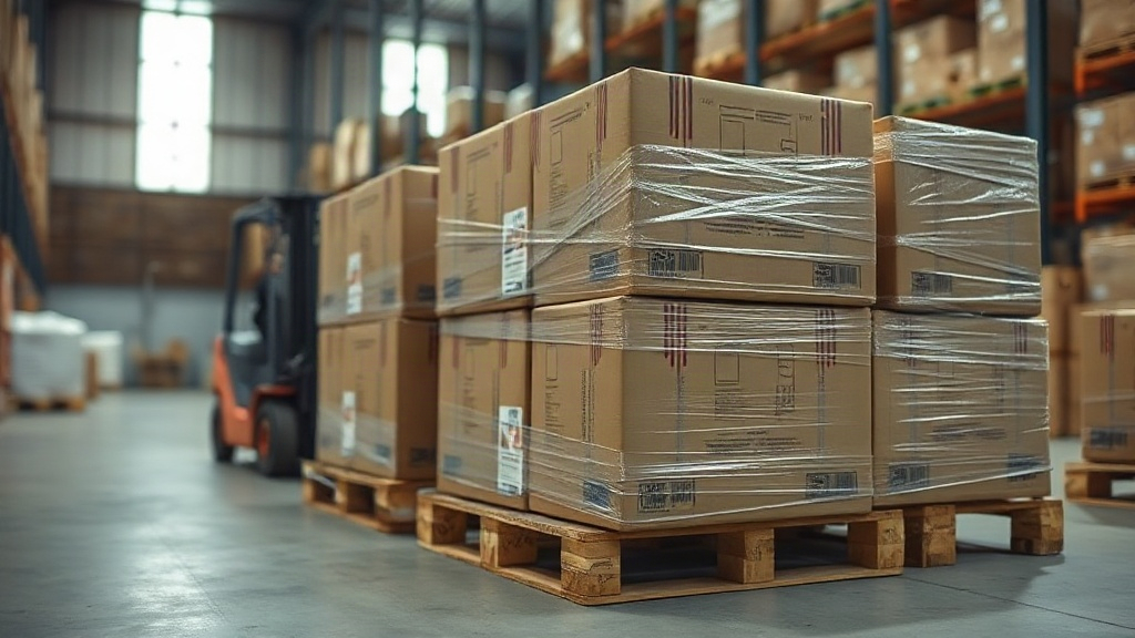 warehouse interior with neatly stacked sealed cardboard cartons on wooden pallets, shrink-wrapped stock ready for shipme