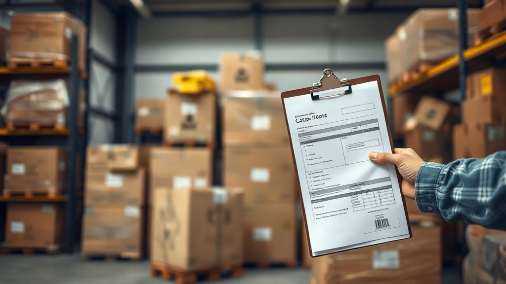 warehouse interior with stacked cardboard shipping boxes and wooden pallets, a worker's hand holding a clipboard wi