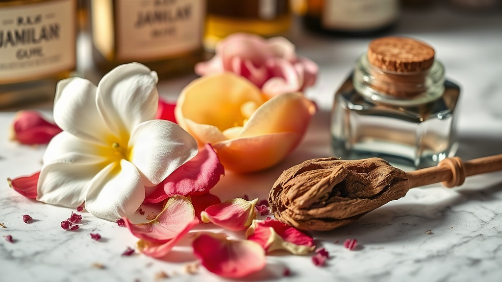 raw perfumery ingredients including jasmine flowers, rose petals, bergamot peel, and a small piece of oud wood arranged 