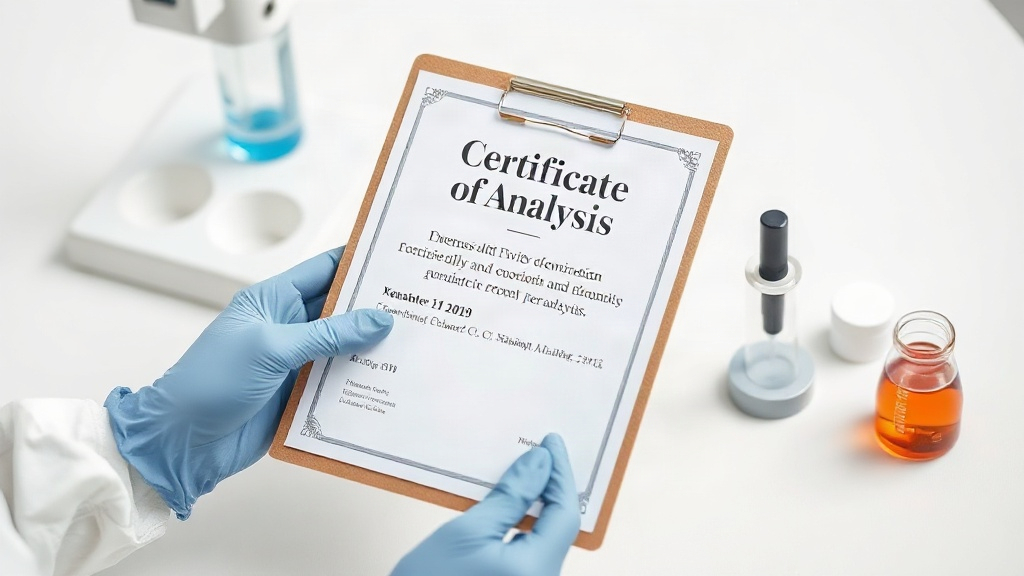 gloved hands holding a clipboard with a certificate of analysis document next to laboratory testing equipment and a pipe