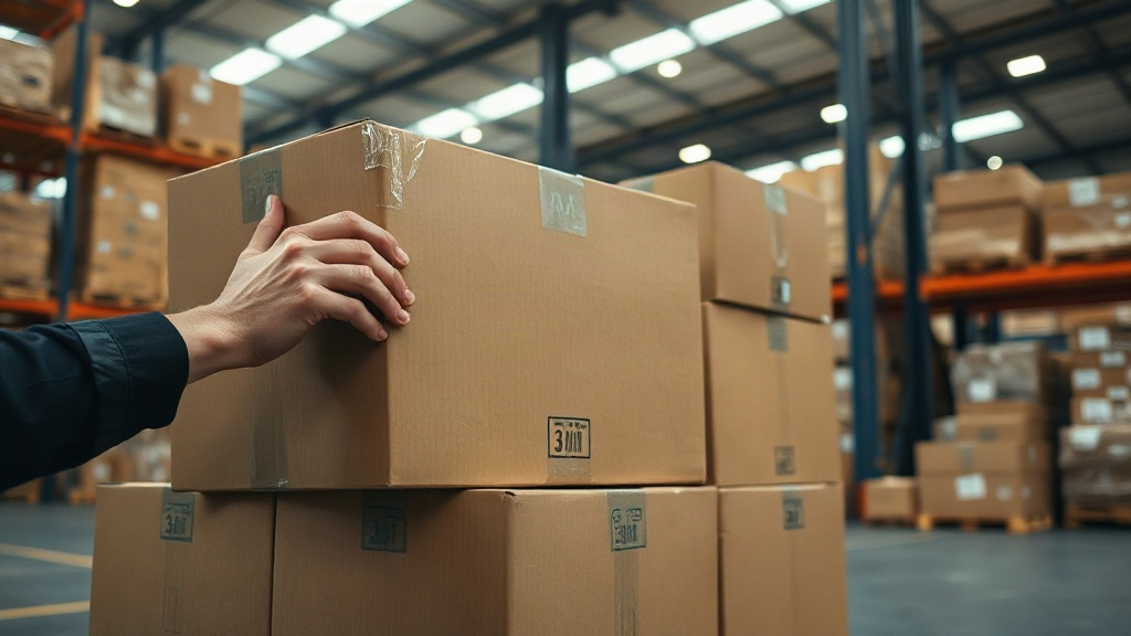 close-up of a hand inspecting sealed cardboard packaging boxes stacked on a shipping pallet inside a distribution wareho