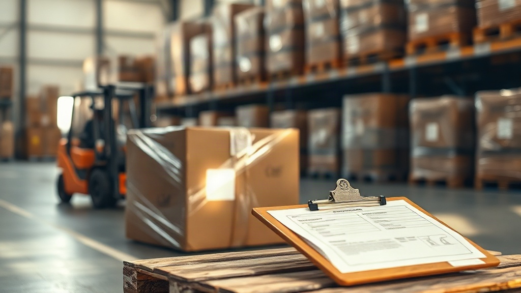 cargo shipping boxes and export pallets wrapped in protective film inside a logistics warehouse, forklift in soft focus 