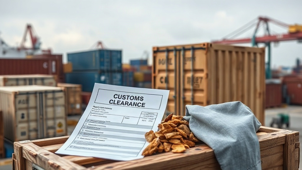 Cargo shipping containers and wooden export crates at a port, customs clearance documents and a shipping manifest restin