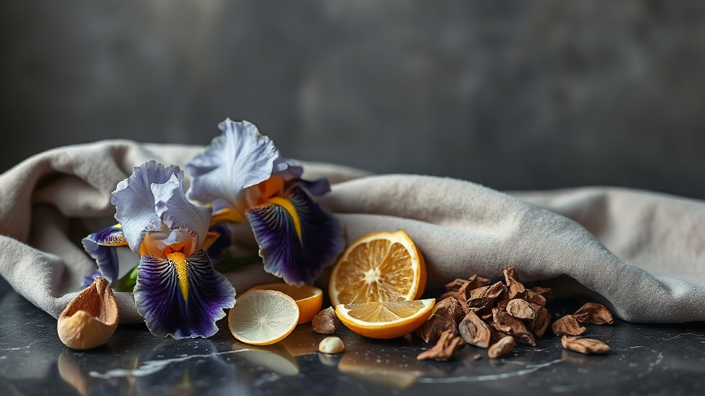 still life of iris flowers, soft grey suede fabric, bergamot peel and gaiac wood chips arranged on a dark marble surface